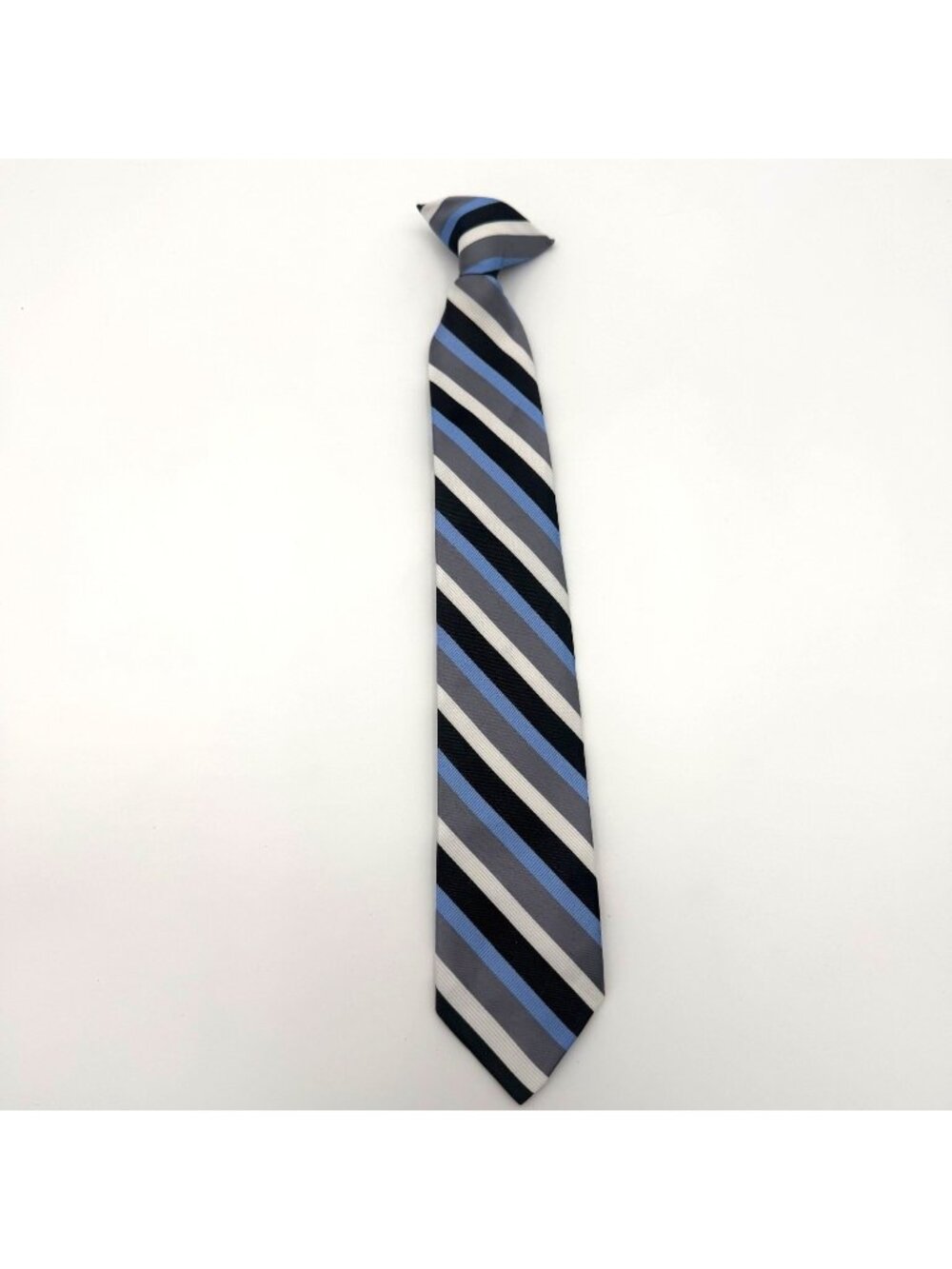 Boys Adjustable Zipper Tie Blue Gray Black White Striped Polyester Neck Tie